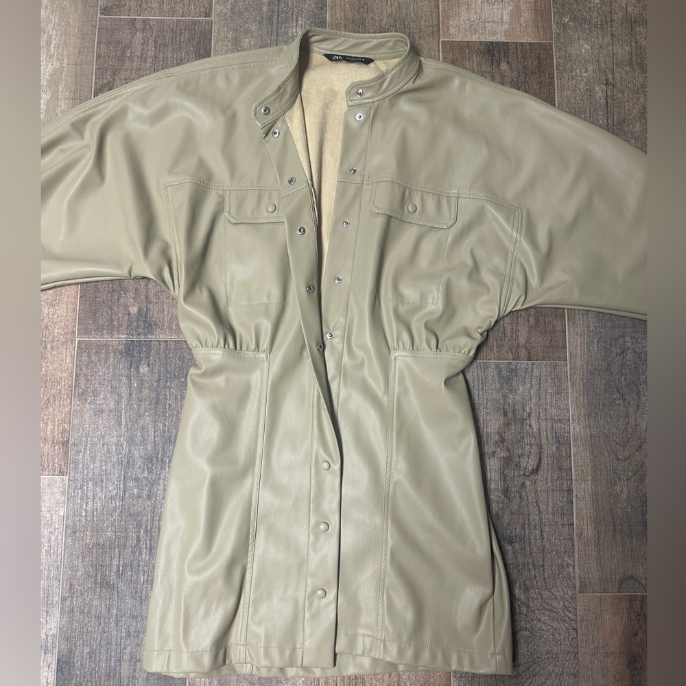 Zara light green faux leather mid length coat